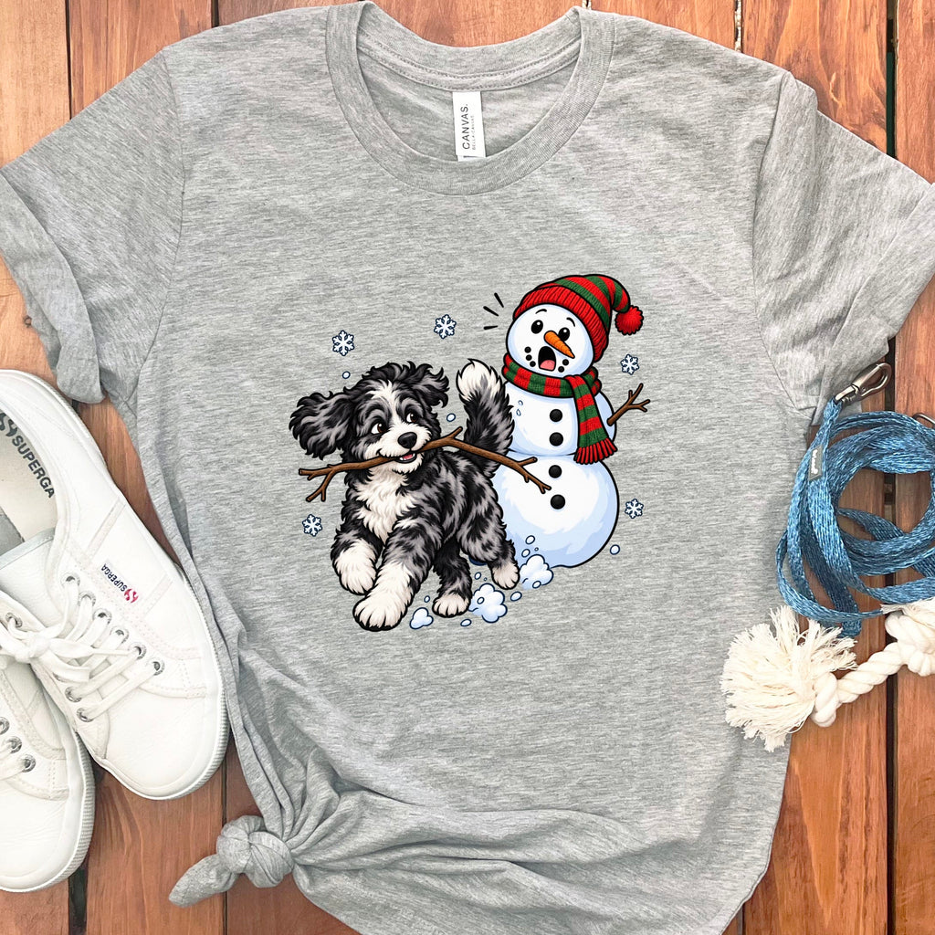 Merle Goldendoodle Snowman T-Shirt in Athletic Heather / S by Puppy Jo