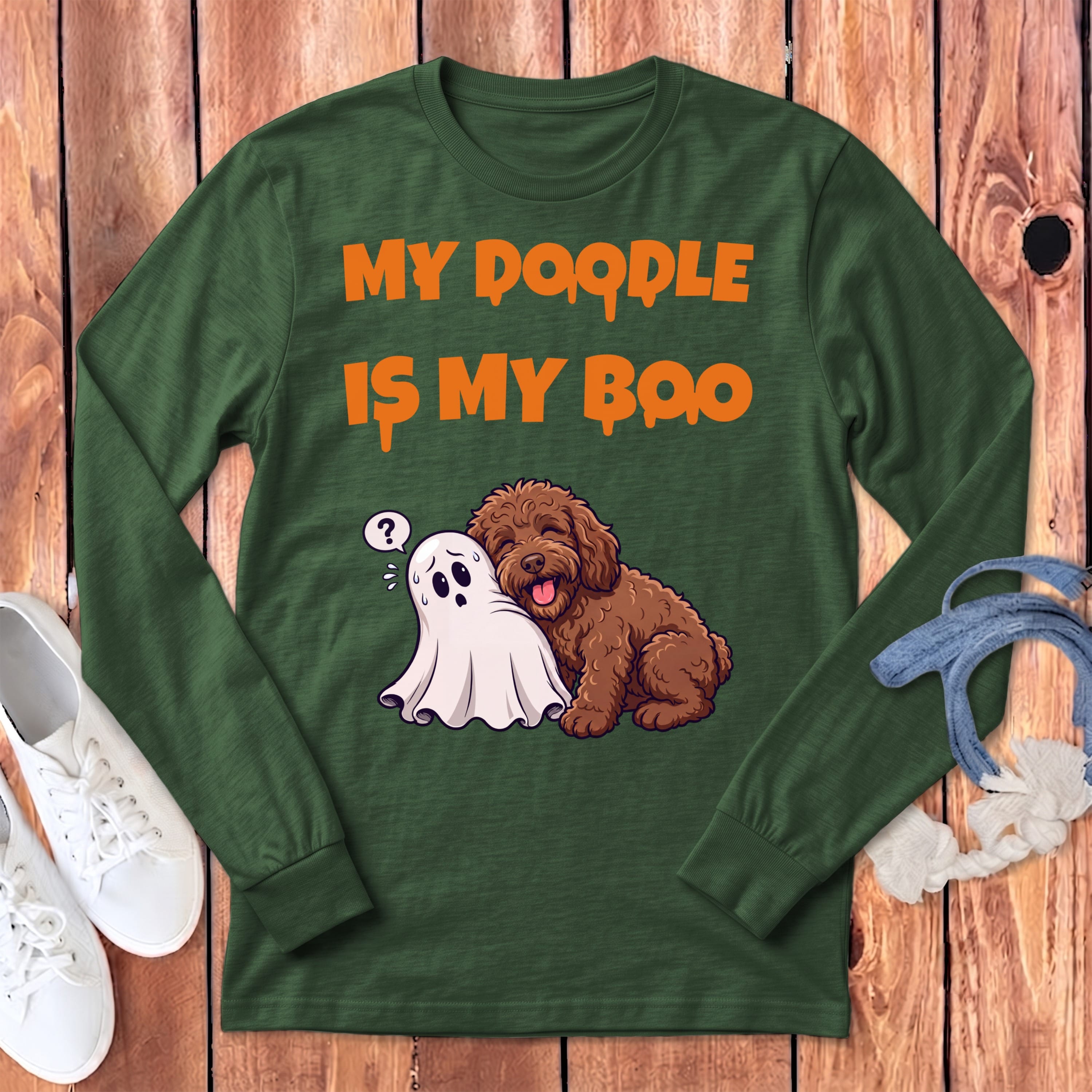 Chocolate Goldendoodle My Boo Long Sleeve T-Shirt in Heather Forest / S by Puppy Jo