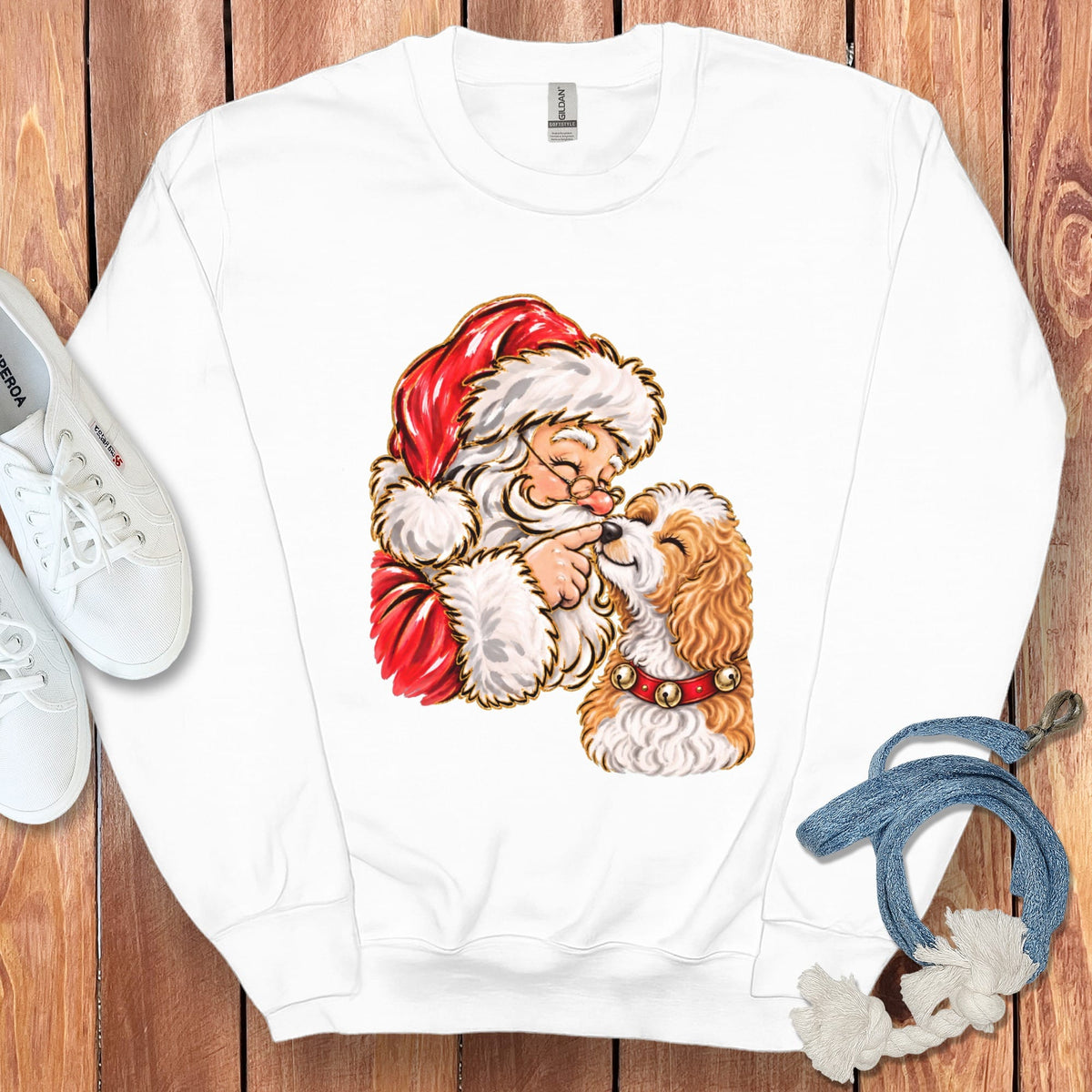 Parti Goldendoodle Santa Kiss Sweatshirt in White / S by Puppy Jo