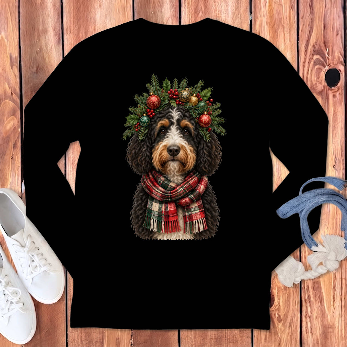 Bernedoodle Holiday Crown Long Sleeve T-Shirt in Black / S by MyDesigns