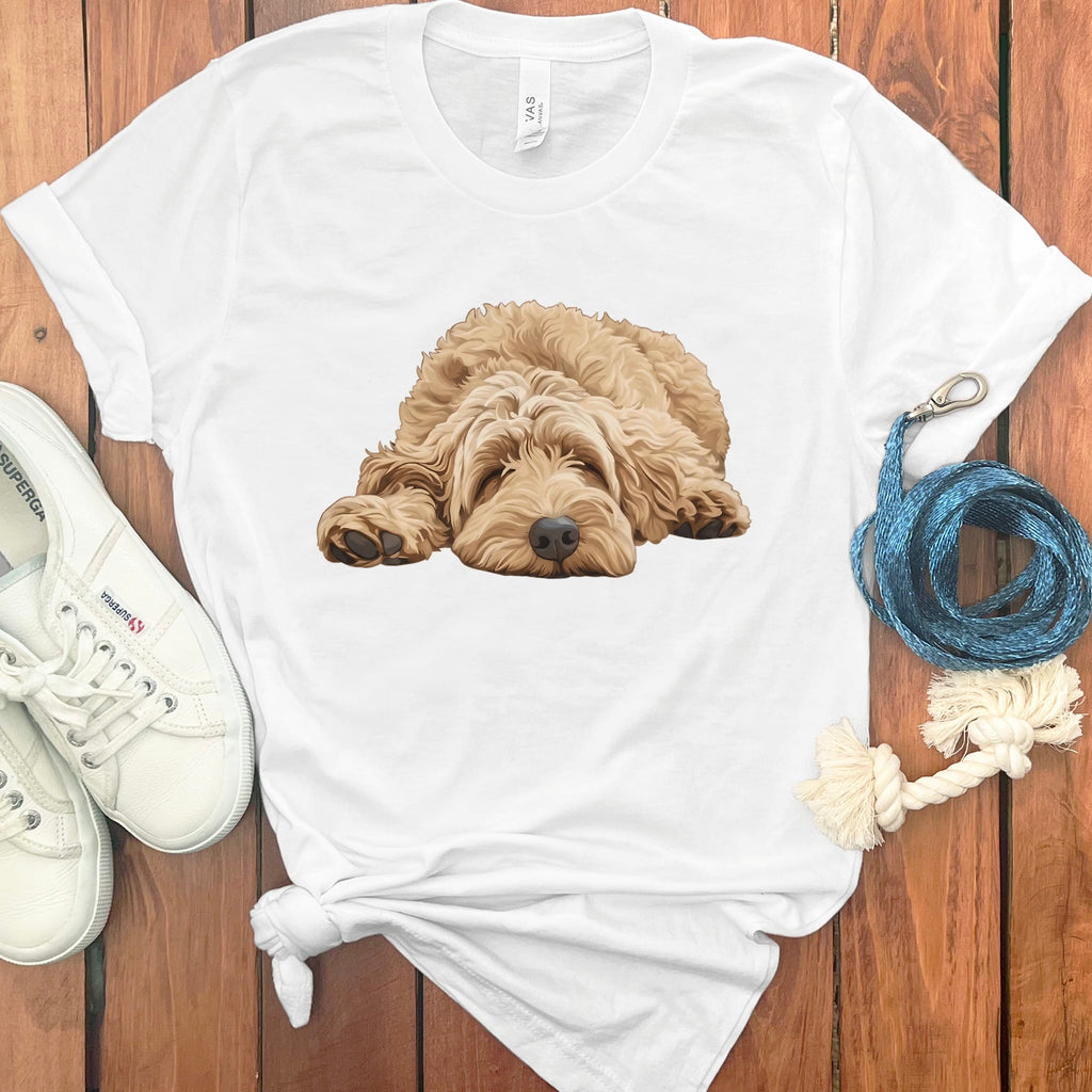 Golden Goldendoodle Snoozing T-Shirt in White / S by Puppy Jo