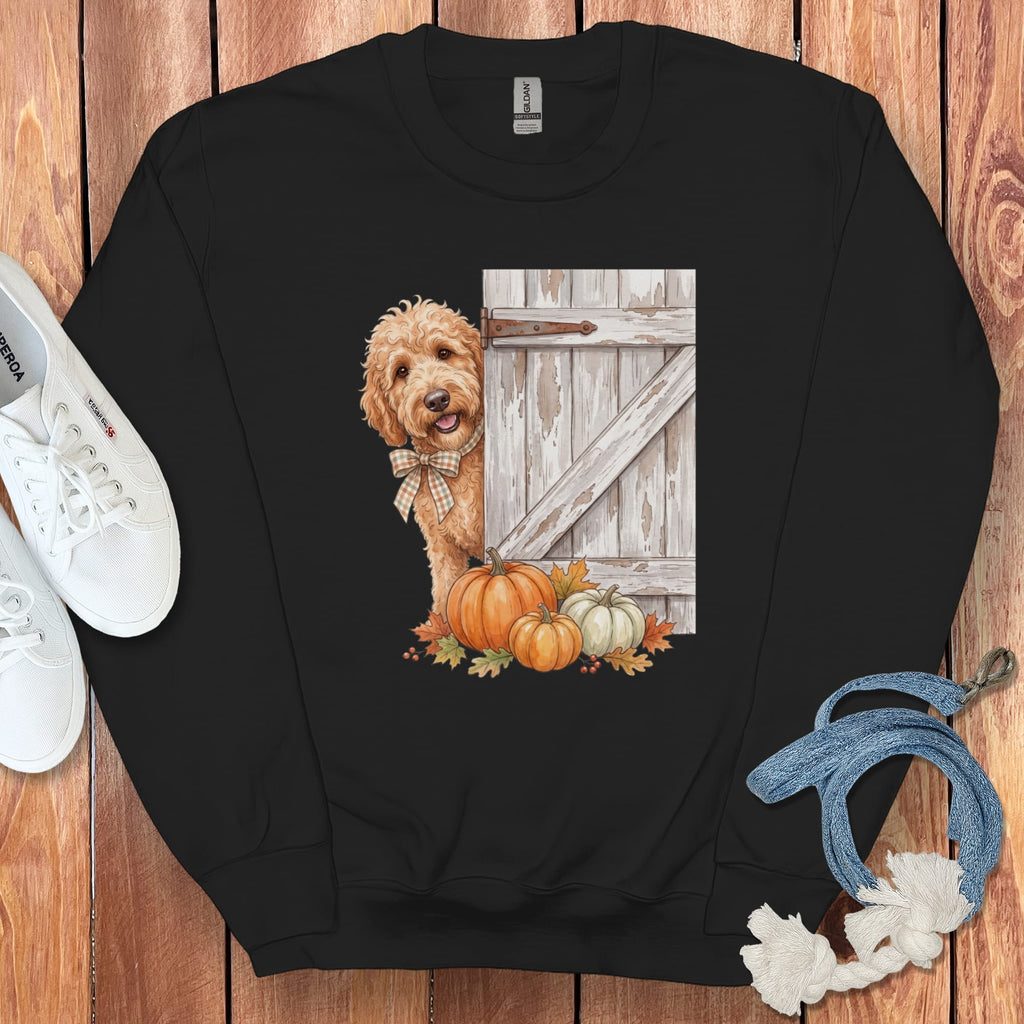 Apricot Goldendoodle Barn Peeking Sweatshirt in Black / S by Puppy Jo