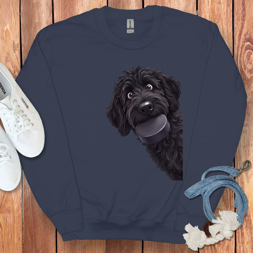 Black Goldendoodle Hockey Puck Sweatshirt in Navy / S by Puppy Jo