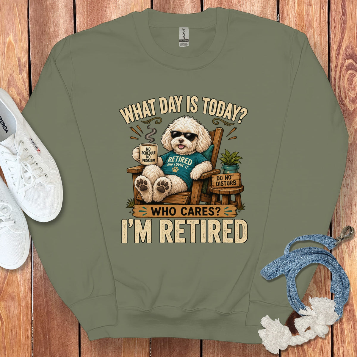 I'm Retired Maltipoo Sweatshirt in Military Green / S by Puppy Jo