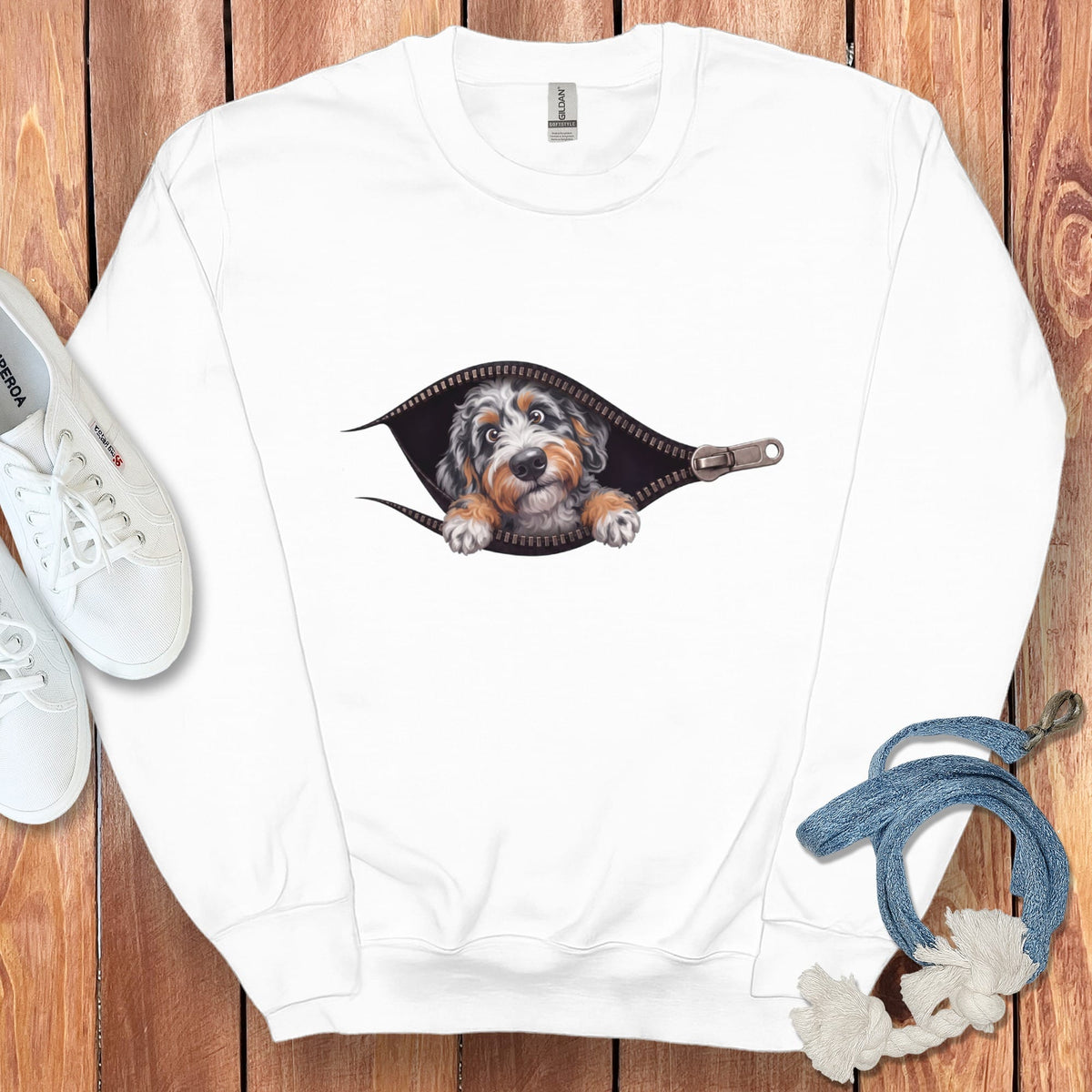 Aussiedoodle Peeking Zipper Sweatshirt in White / S by Puppy Jo