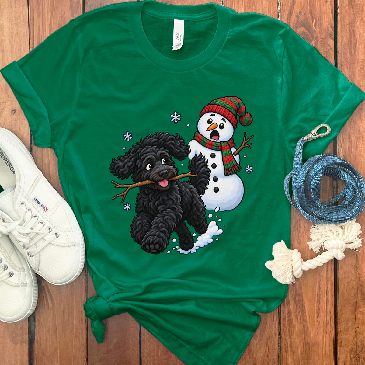 Black Goldendoodle Snowman T-Shirt in Kelly / S by Puppy Jo