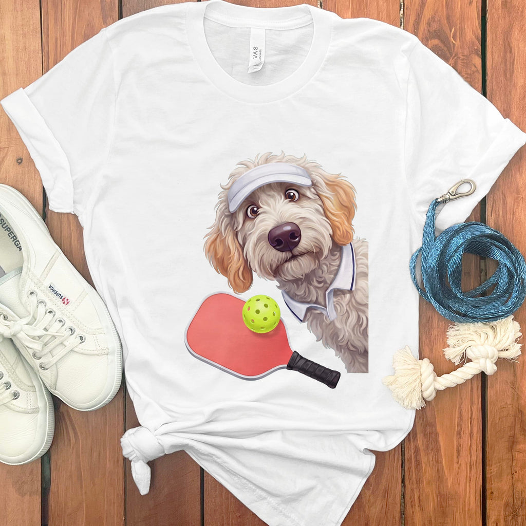 Maltipoo Pickleball Player T-Shirt in White / S by Puppy Jo