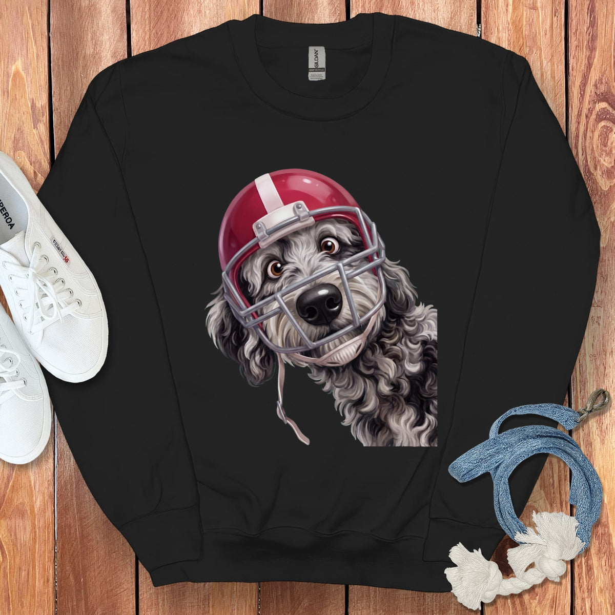 Merle Goldendoodle Football Helmet Sweatshirt in Black / S by Puppy Jo