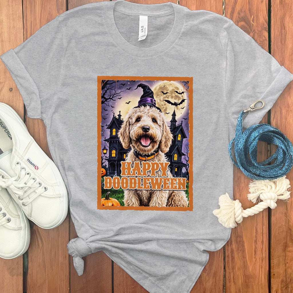 Cream Goldendoodle Happy Doodleween T-Shirt in Athletic Heather / S by Puppy Jo