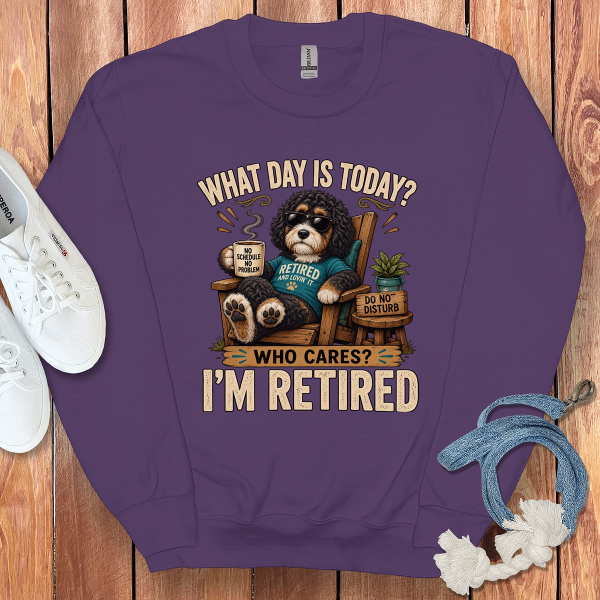 I'm Retired Bernedoodle Sweatshirt in Purple / S by Puppy Jo