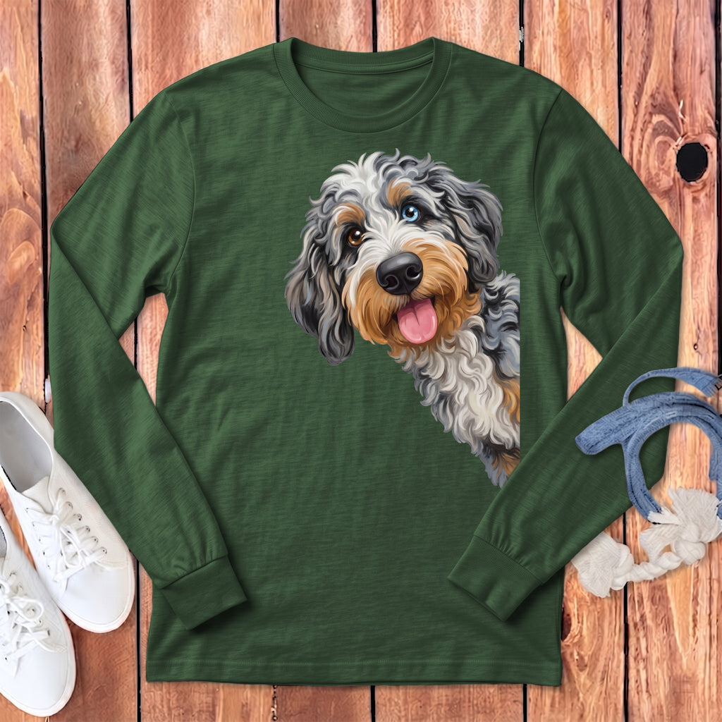 Green long-sleeve shirt with a detailed portrait of a dog with heterochromia.