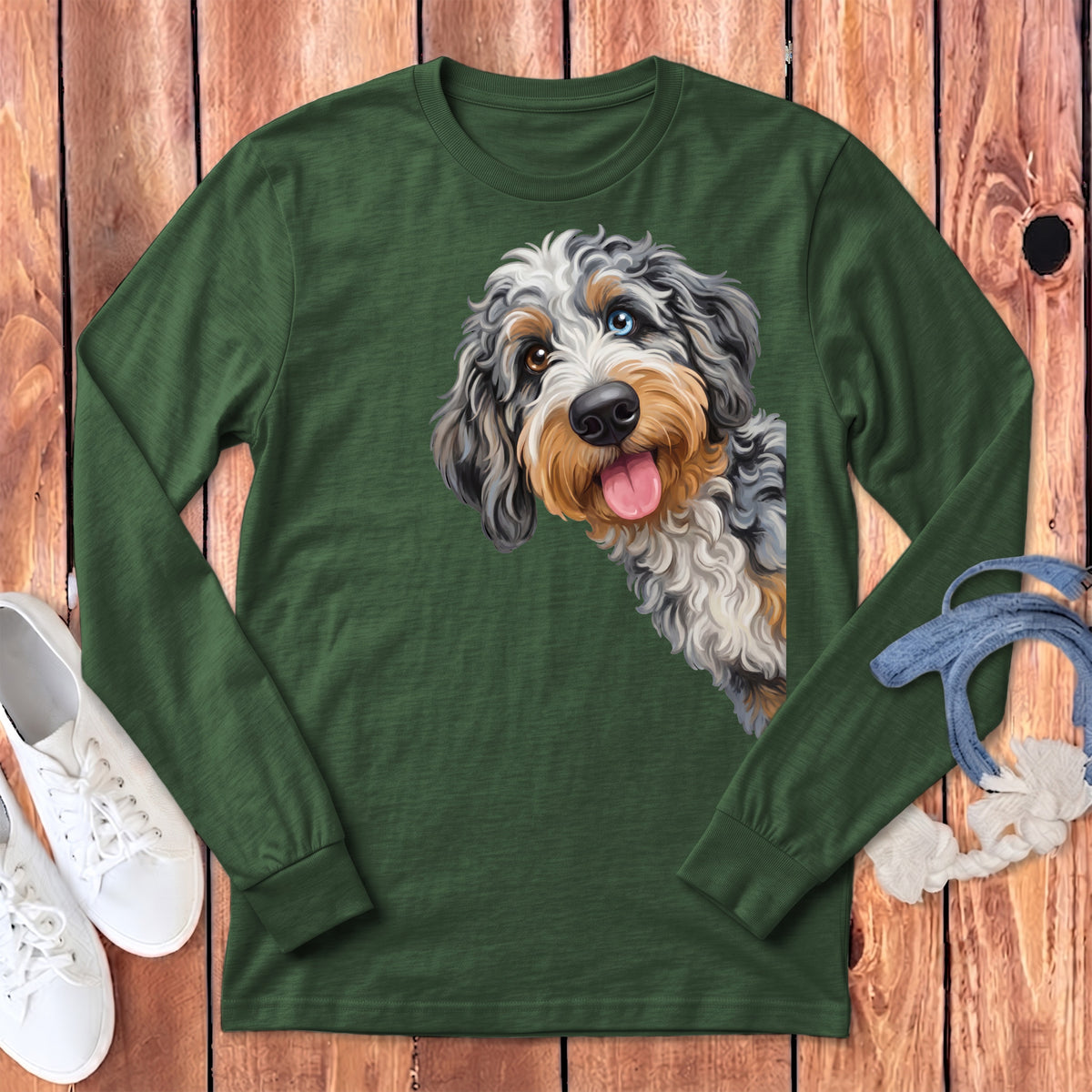 Green long-sleeve shirt with a detailed portrait of a dog with heterochromia.