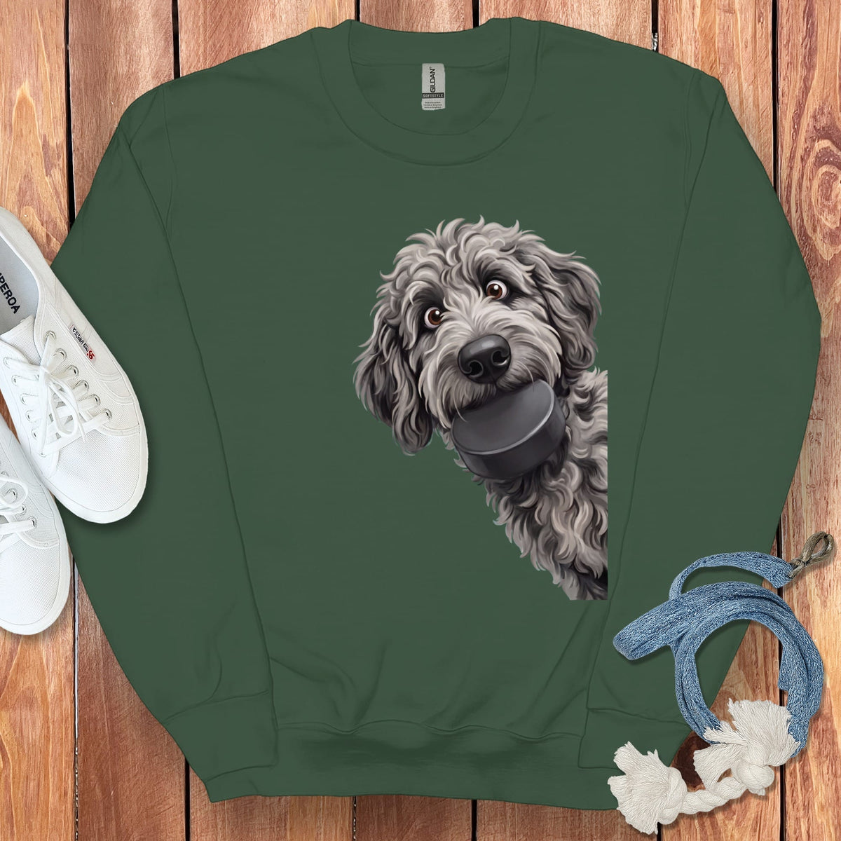 Merle Goldendoodle Hockey Puck Sweatshirt in Forest Green / S by Puppy Jo