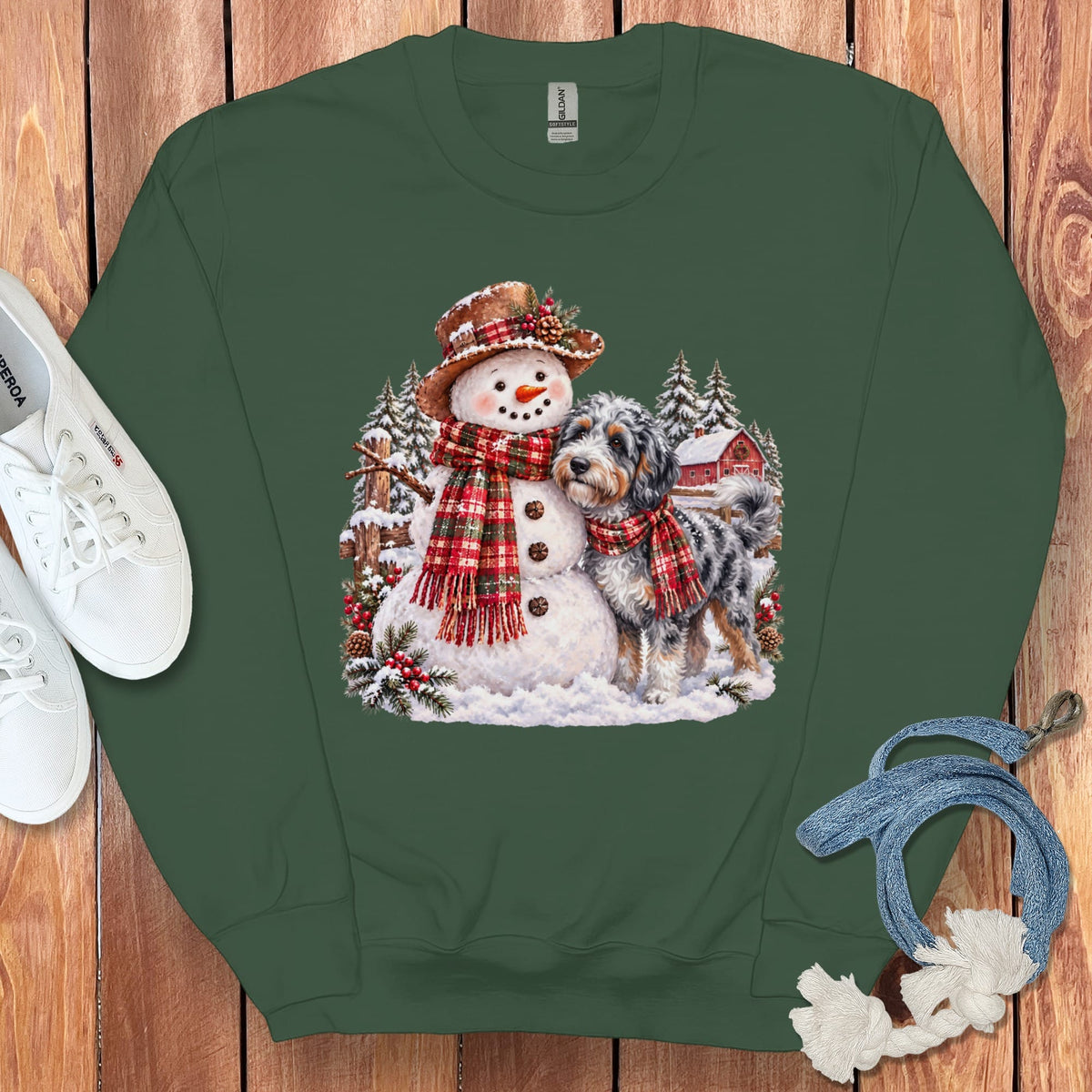 Aussiedoodle Christmas Snowman Sweatshirt in Forest Green / S by Puppy Jo