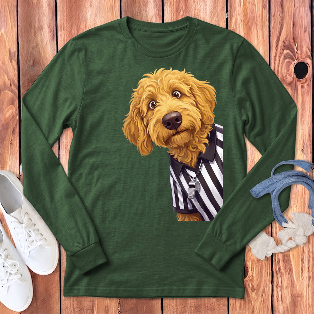 Green long-sleeved t-shirt with a doodle dog wearing a referee uniform.