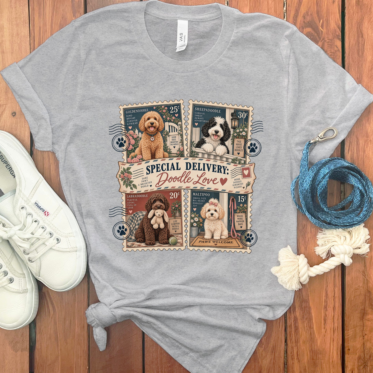 Grey t-shirt with "Special Delivery: Doodle Love" and four doodle breeds.