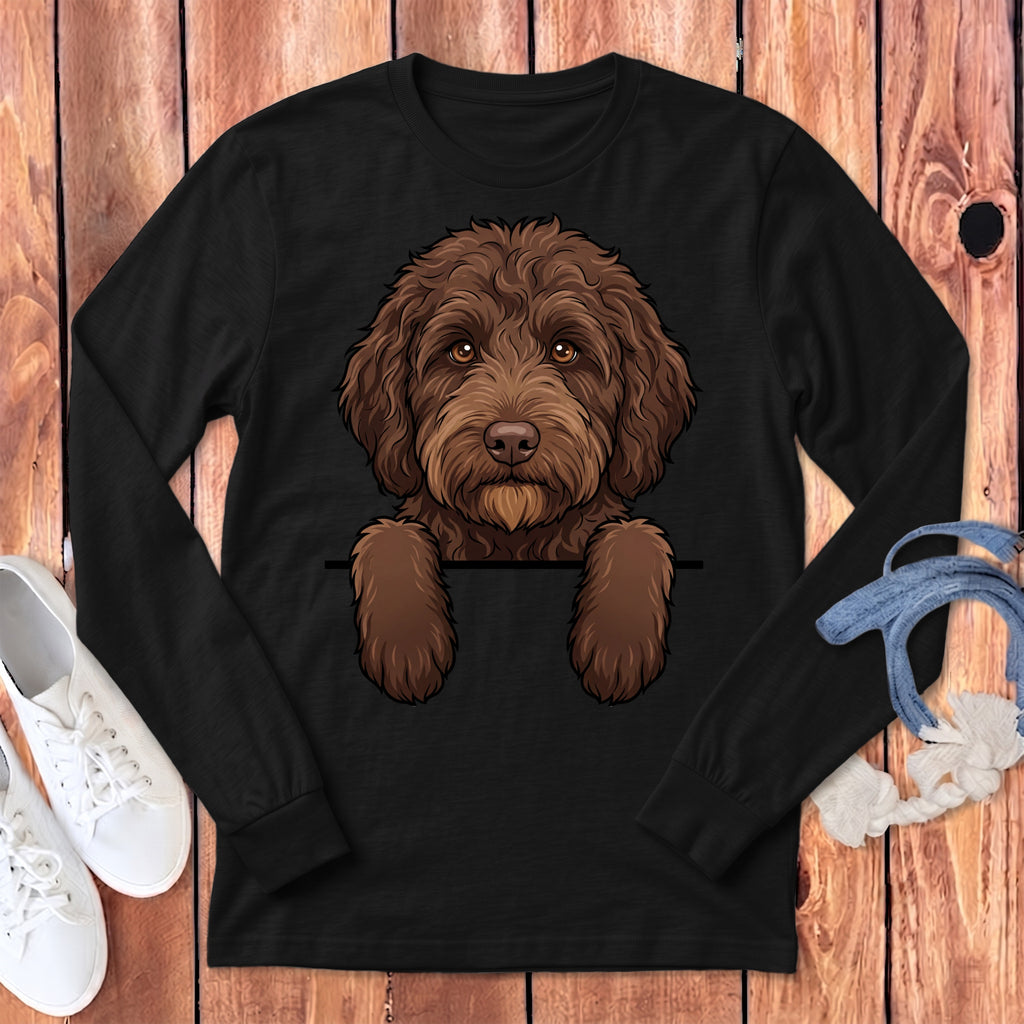 Black long sleeve t-shirt with a cartoon brown dog graphic.