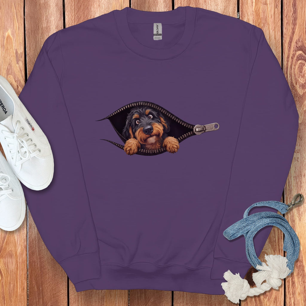 Phantom Goldendoodle Peeking Zipper Sweatshirt in Purple / S by Puppy Jo