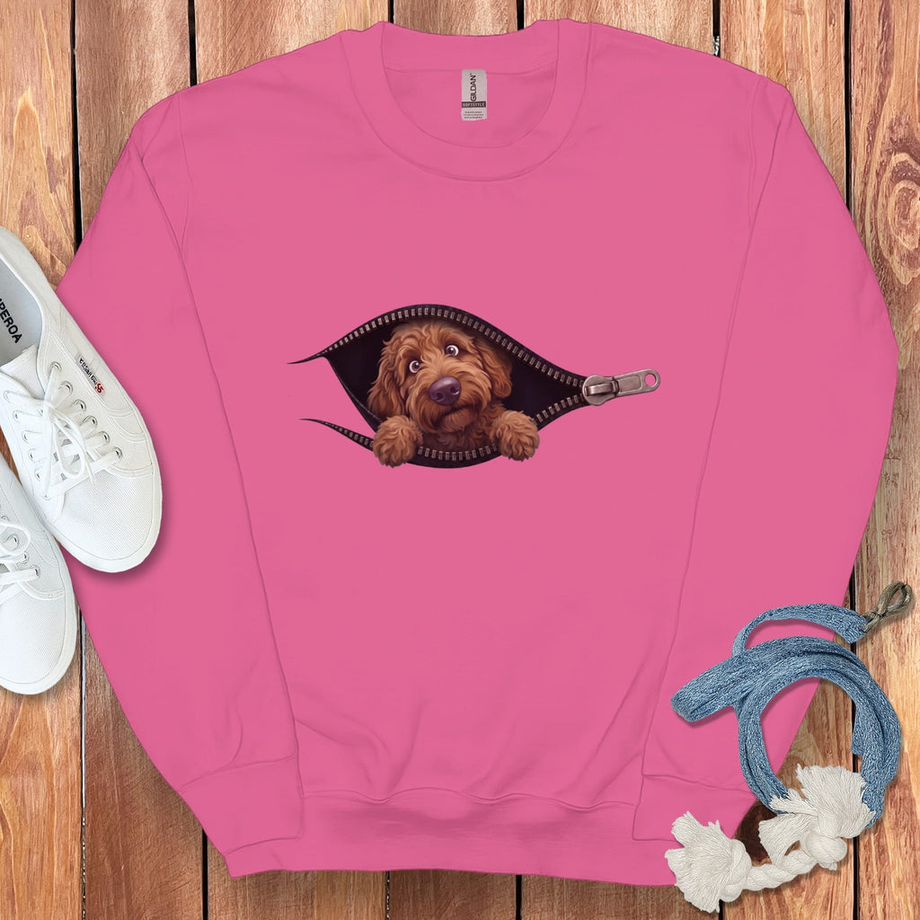 Chocolate Goldendoodle Peeking Zipper Sweatshirt in Heliconia / S by Puppy Jo