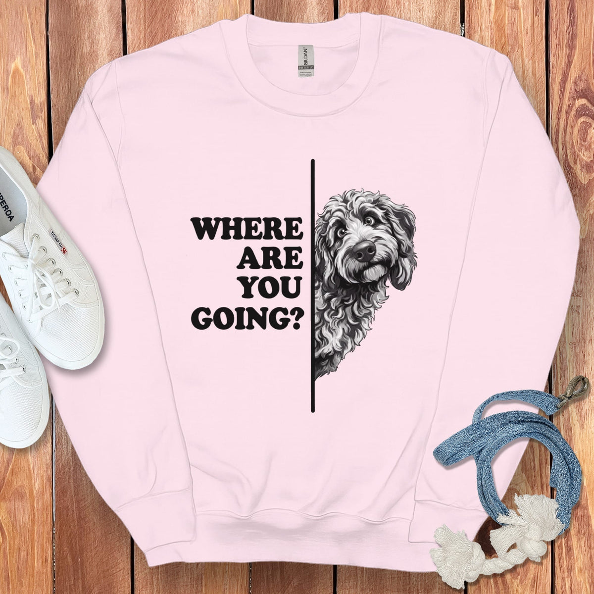 Where Going Merle Goldendoodle Sweatshirt in Light Pink / S by Puppy Jo