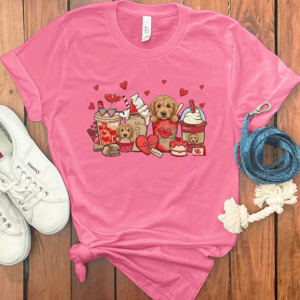 Cute Puppies and Sweet Desserts on Pink T-Shirt