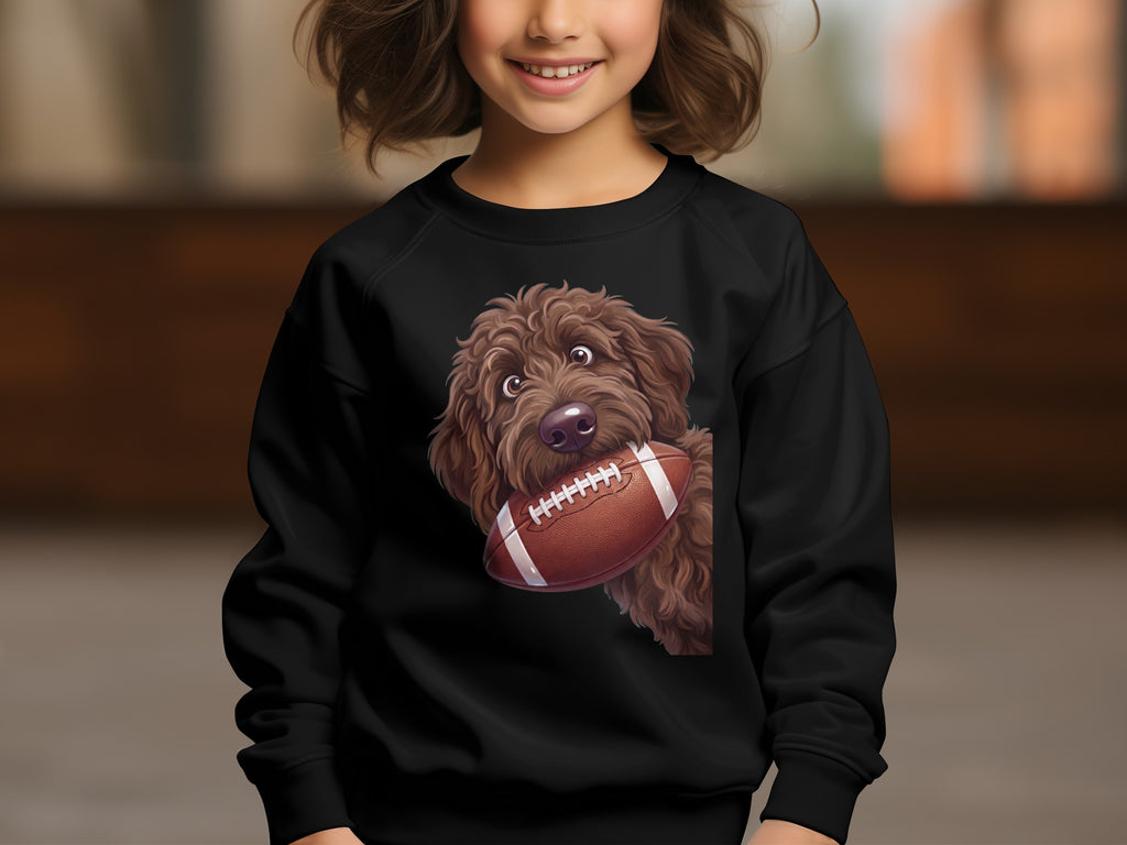 Black sweatshirt with a cartoon doodle dog holding a football.