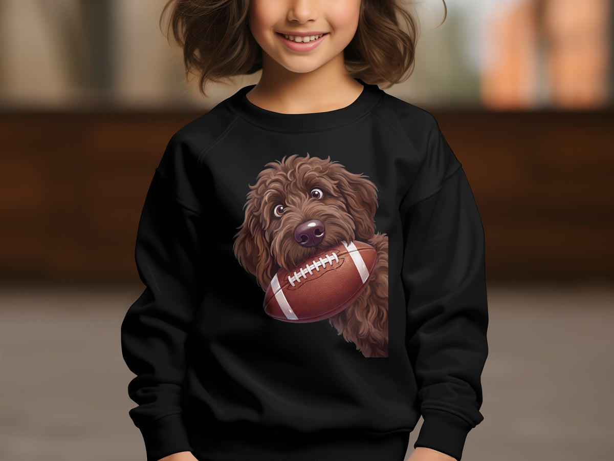Black sweatshirt with a cartoon doodle dog holding a football.