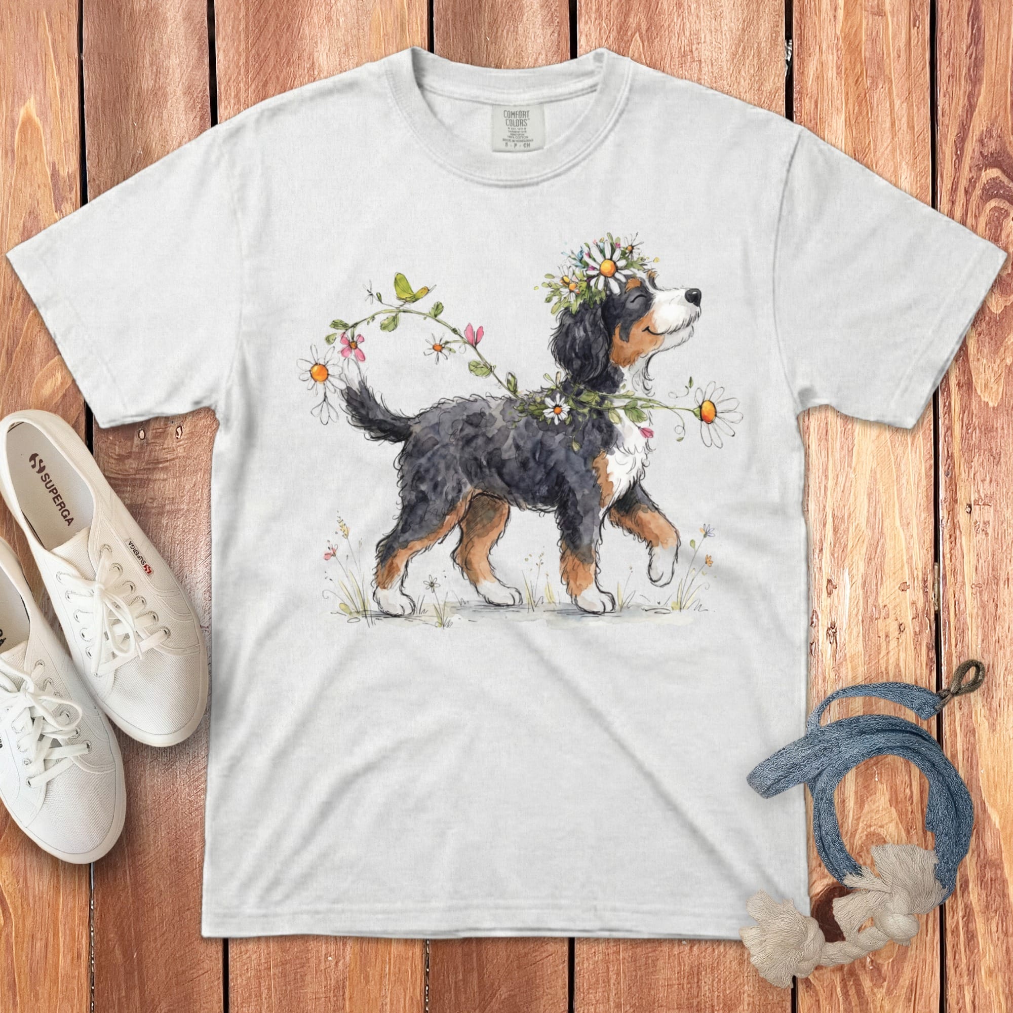 Bernese Mountain Dog puppy wearing a flower crown, standing on a wooden surface.