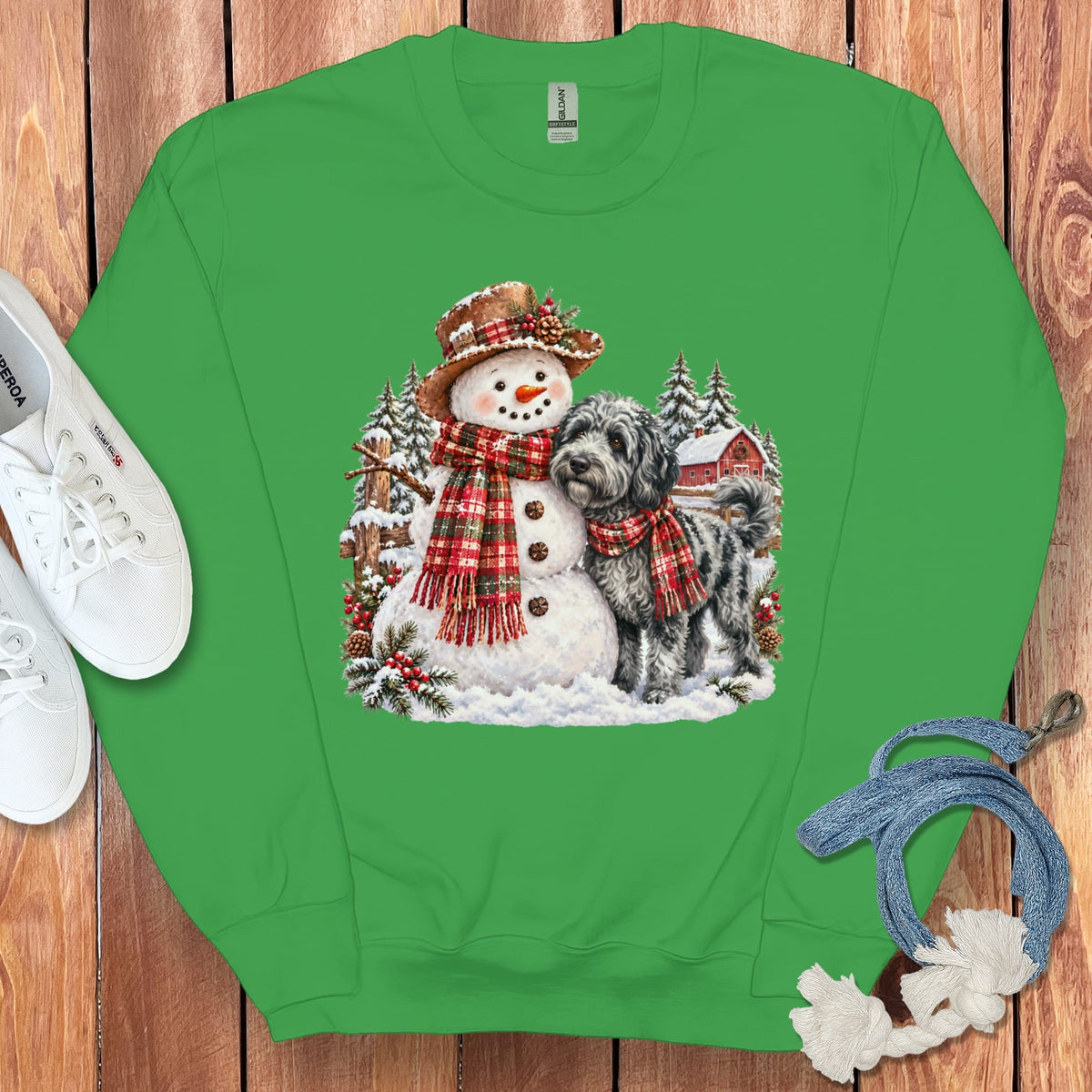 Merle Goldendoodle Christmas Snowman Sweatshirt in Irish Green / S by Puppy Jo