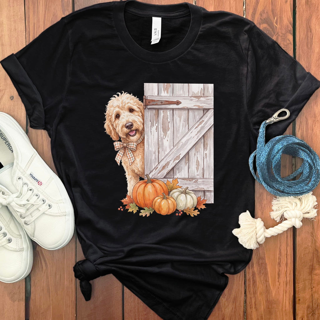Cream Goldendoodle Barn Peeking T-Shirt in Black / S by Puppy Jo