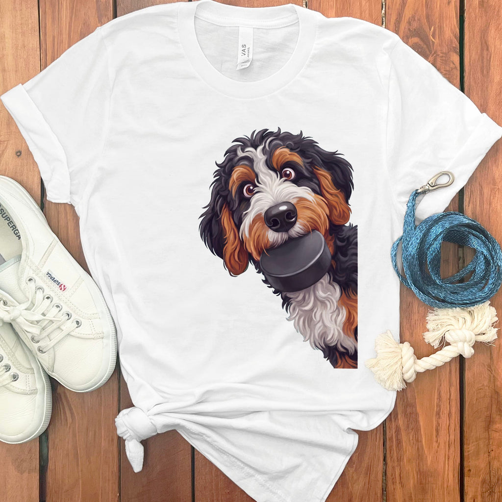 Bernedoodle Hockey Puck T-Shirt in White / S by Puppy Jo