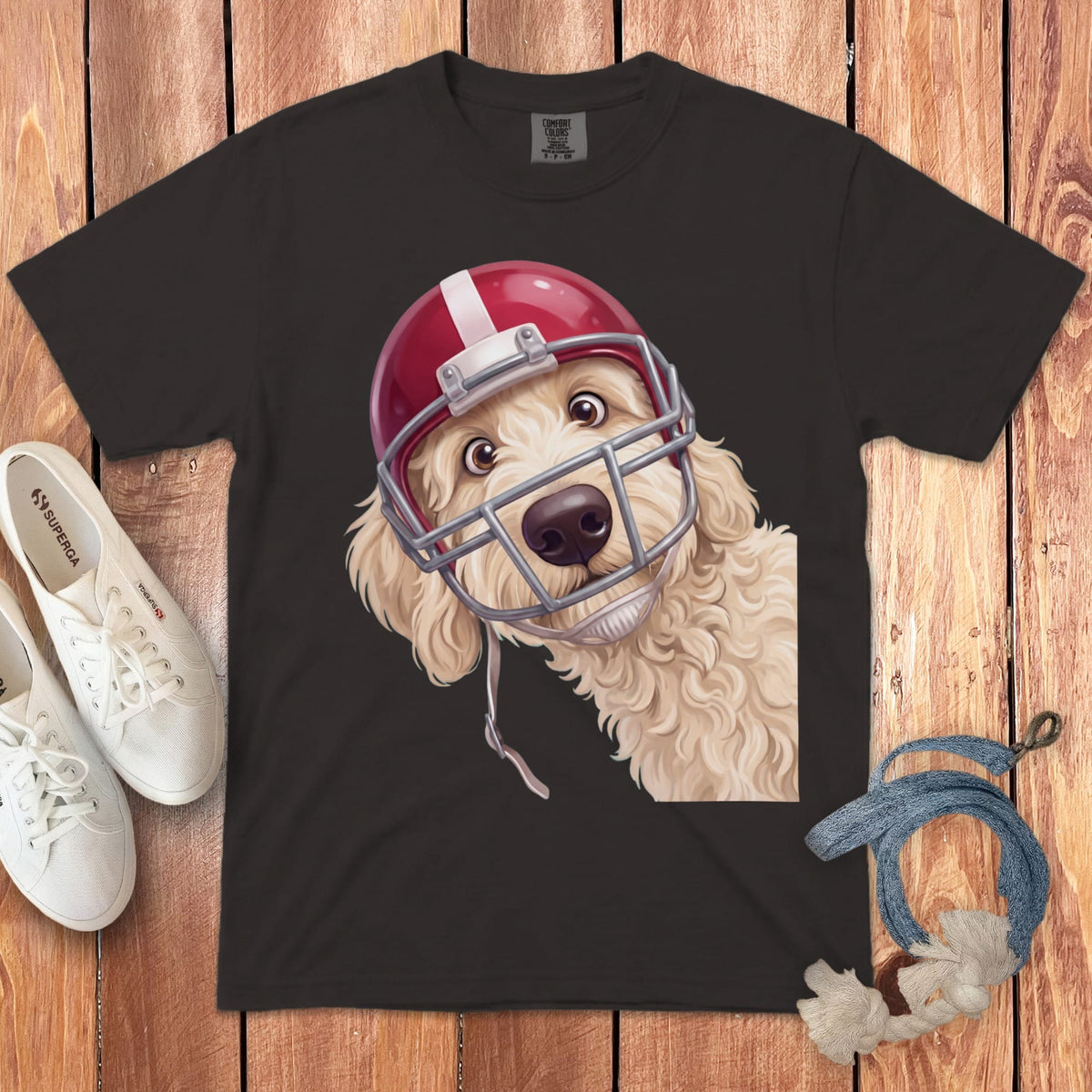 Cream Goldendoodle Football Helmet Signature T-Shirt in Graphite / S by Puppy Jo