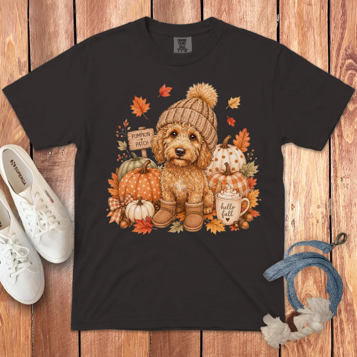 Apricot Goldendoodle Pumpkin Patch Signature T-Shirt in Graphite / S by Puppy Jo