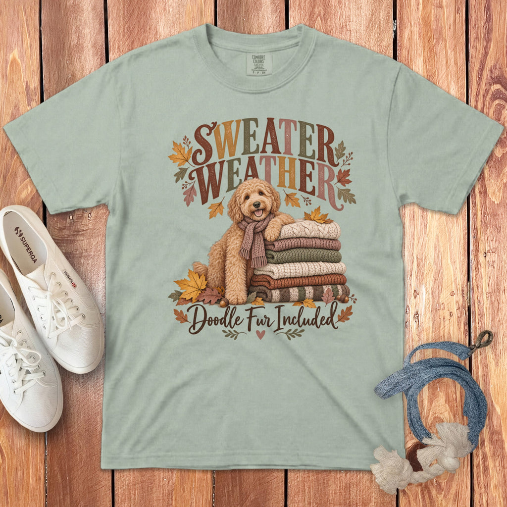 Light green t-shirt with "Sweater Weather Doodle Fur Included" text and doodle dog illustration.