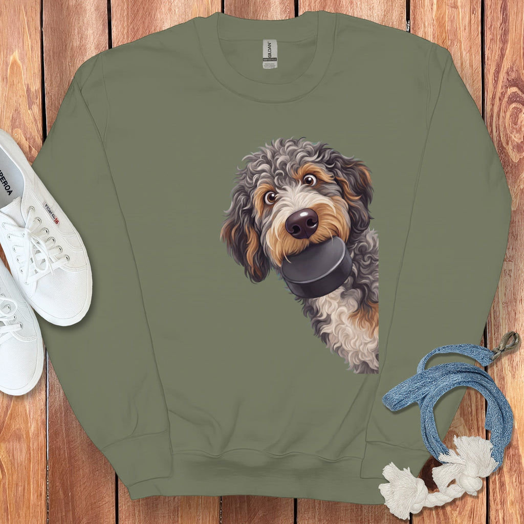 Aussiedoodle Hockey Puck Sweatshirt in Military Green / S by Puppy Jo