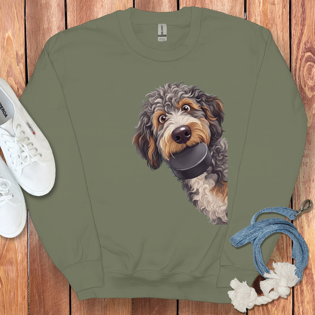 Aussiedoodle Hockey Puck Sweatshirt in Military Green / S by Puppy Jo