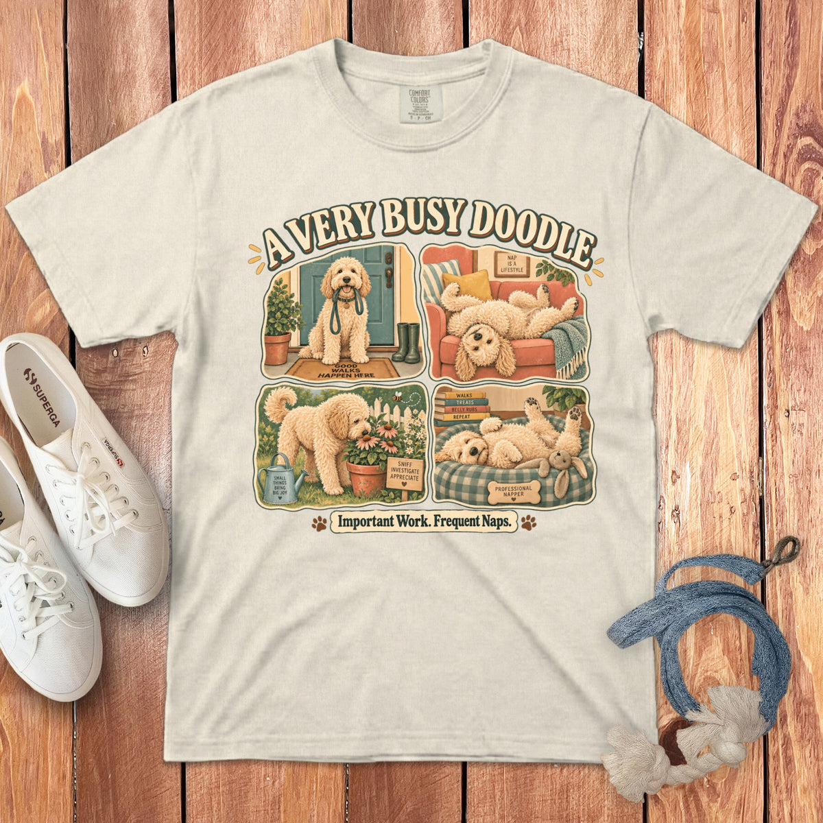 Avery Busy Doodle t-shirt with four illustrated doodle dog scenes and text.