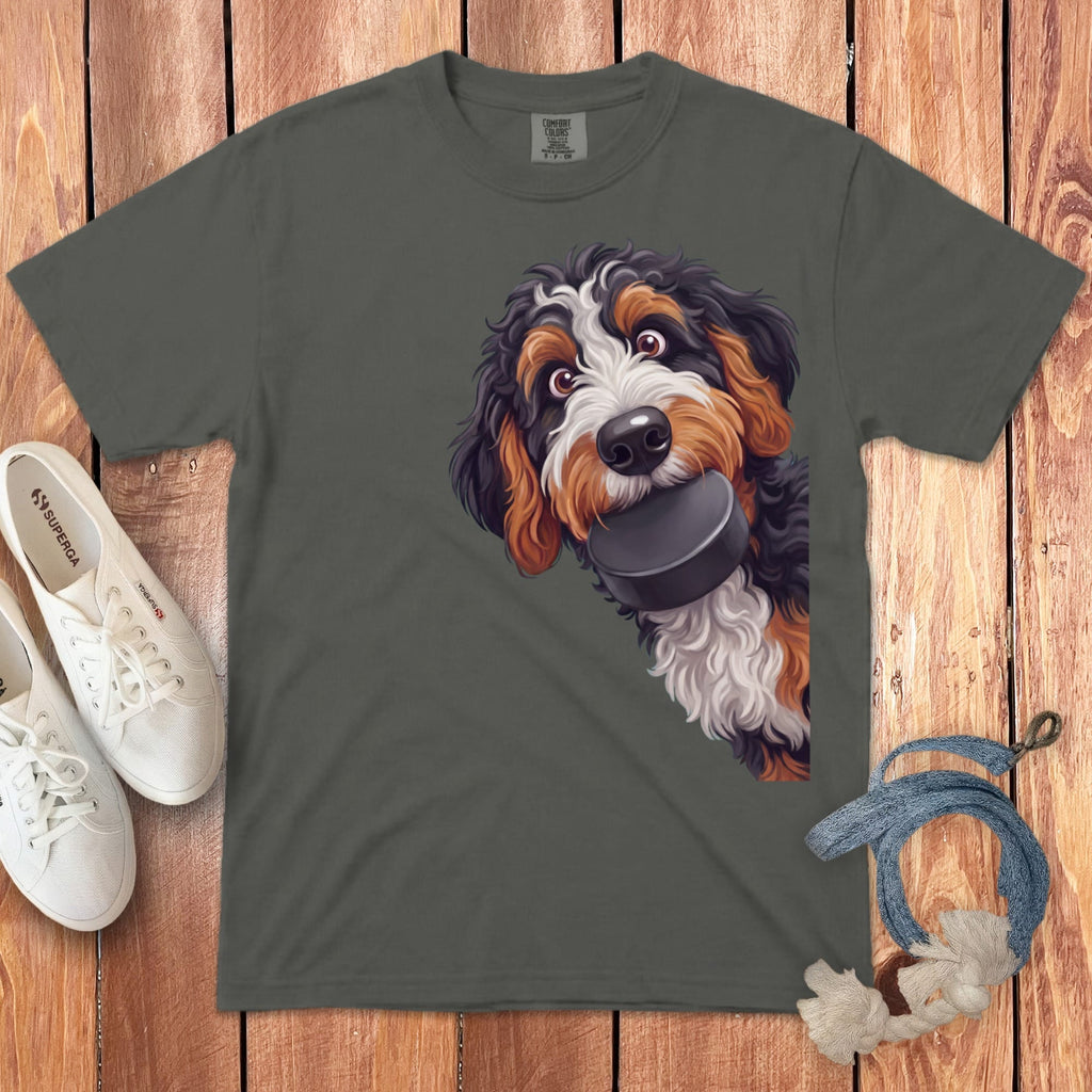 Bernedoodle Hockey Puck Signature T-Shirt in Pepper / S by Puppy Jo