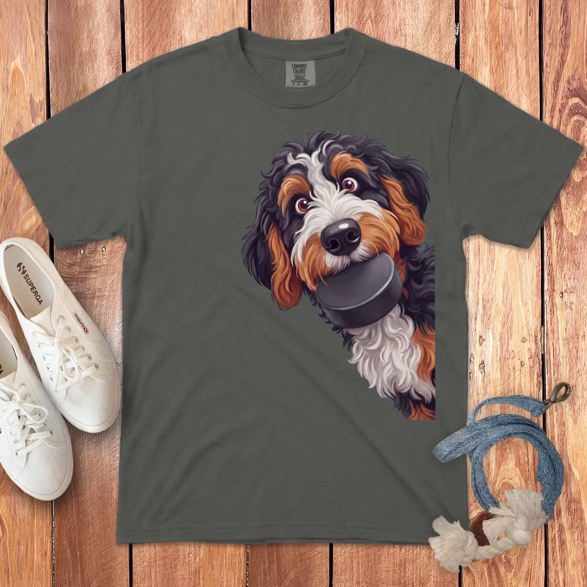 Bernedoodle Hockey Puck Signature T-Shirt in Pepper / S by Puppy Jo