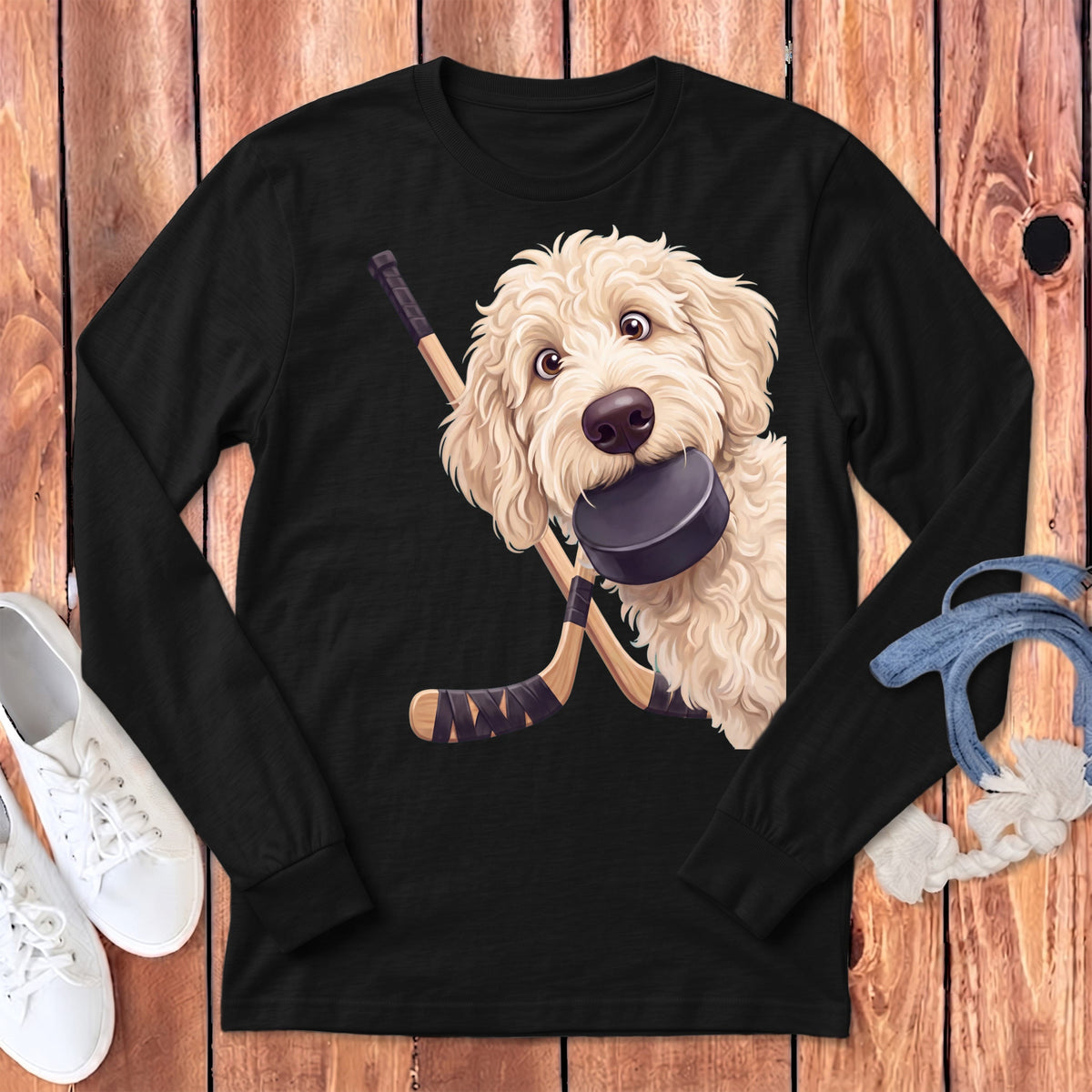 Cream Goldendoodle Hockey Long Sleeve T-Shirt in Dark Grey Heather / S by Puppy Jo