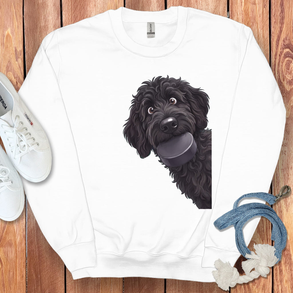 Black Goldendoodle Hockey Puck Sweatshirt in White / S by Puppy Jo