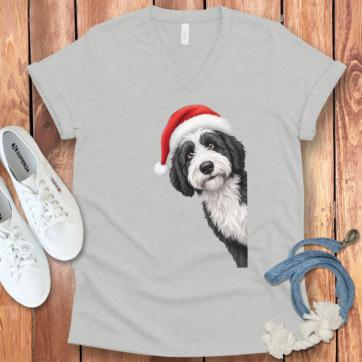 Sheepadoodle Holiday Santa V-Neck T-Shirt in Athletic Heather / S by Puppy Jo