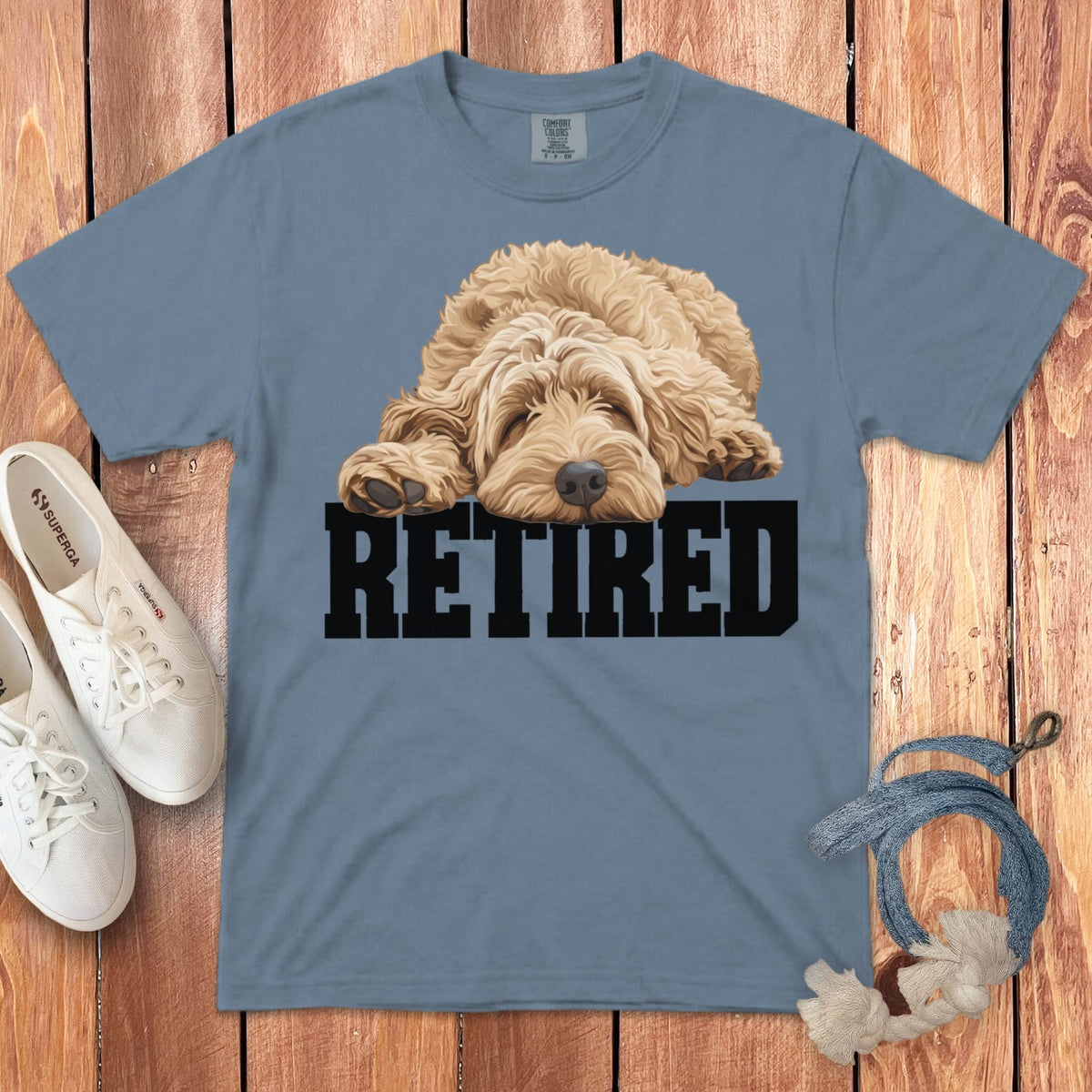 Retired Sleeping Golden Goldendoodle Signature T-Shirt in Blue Jean / S by Puppy Jo
