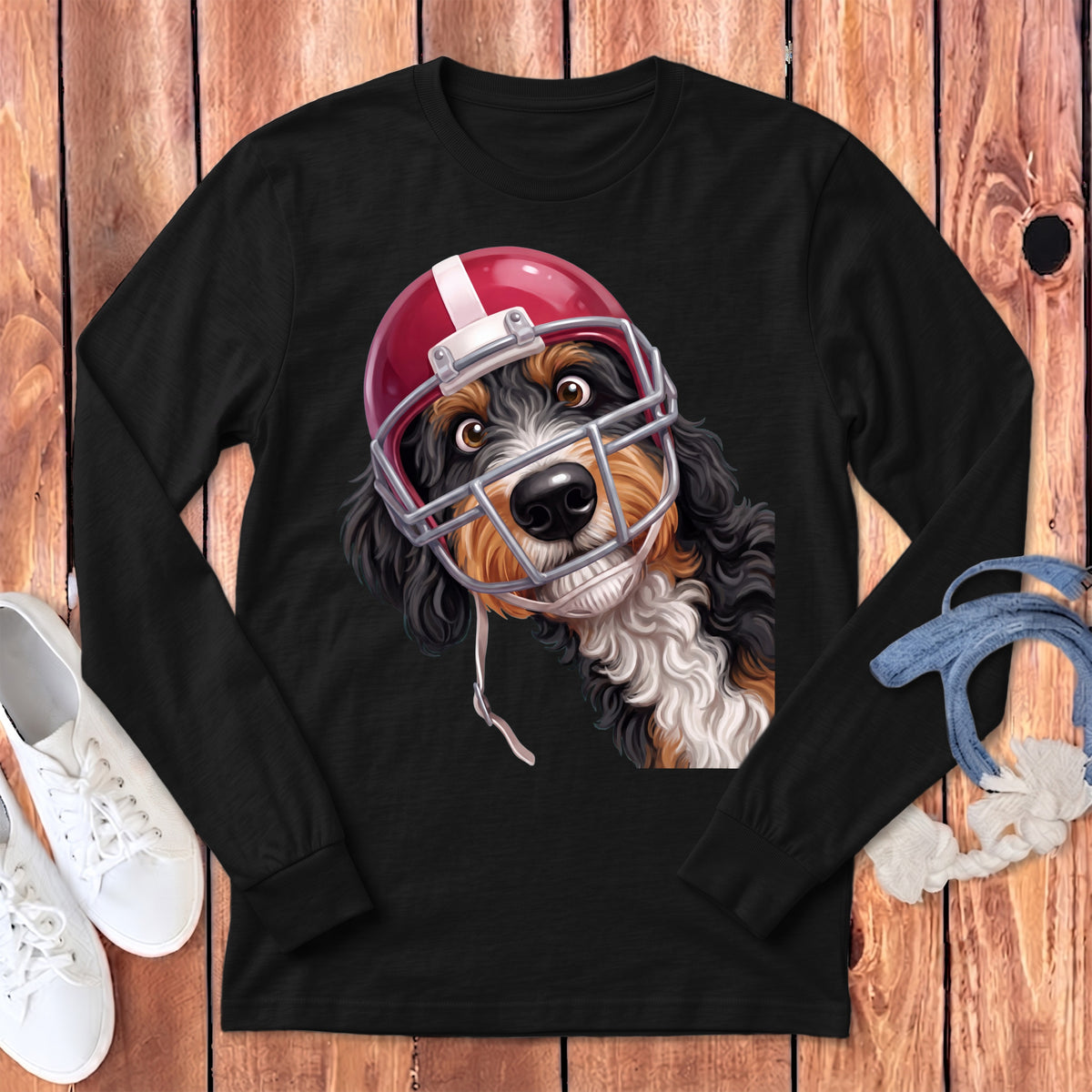 Black long-sleeve shirt with a digital illustration of a dog wearing a football helmet.