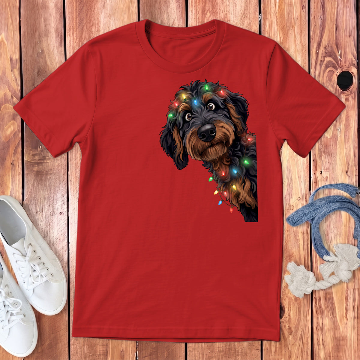 Red t-shirt with a doodle dog wearing Christmas lights on its head