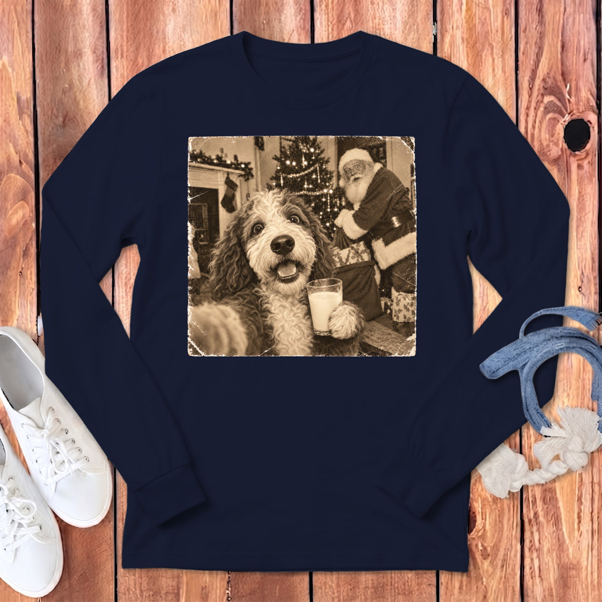 A dark blue long-sleeved t-shirt features a vintage sepia graphic of a dog holding a glass of milk with Santa Claus in the background.