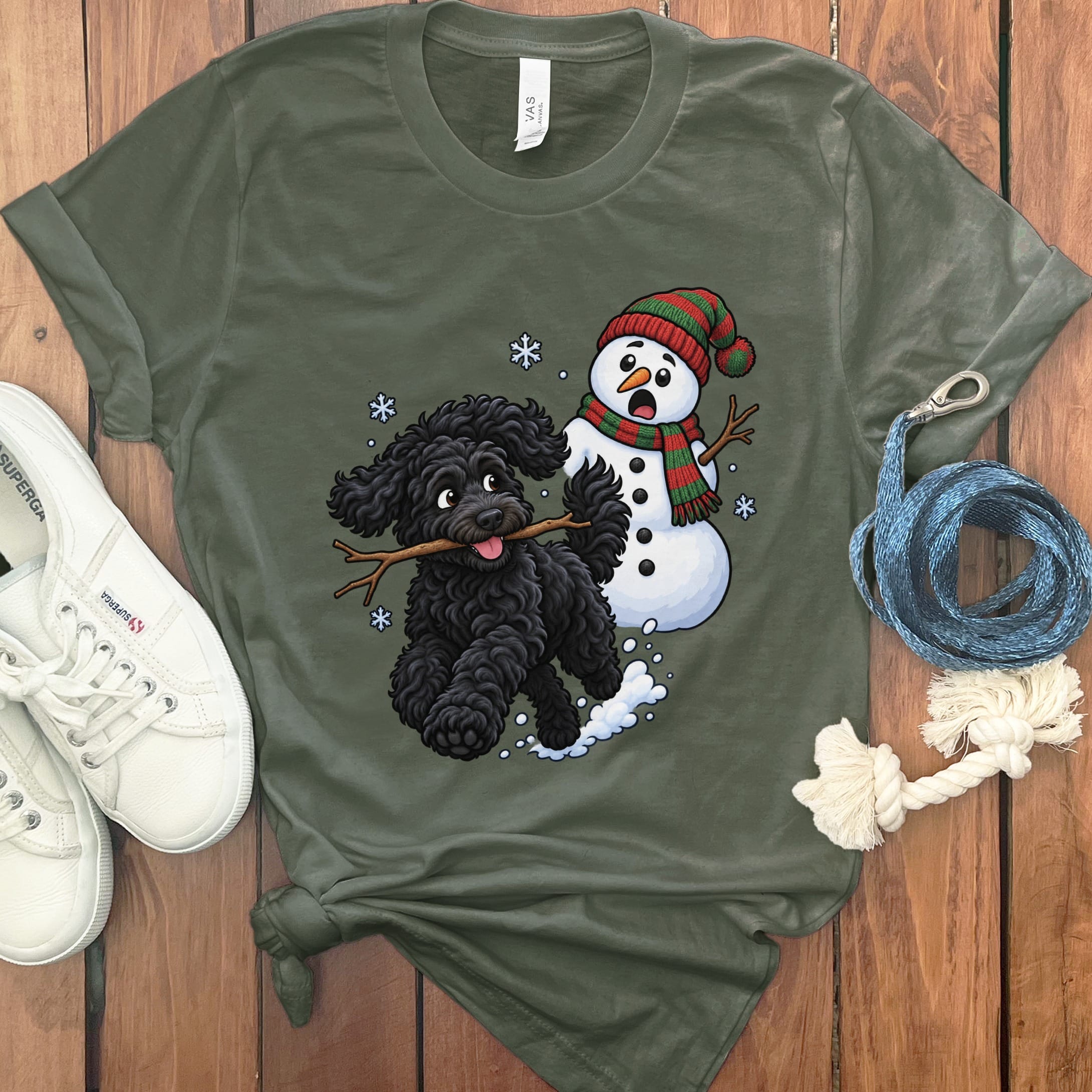 Black Goldendoodle Snowman T-Shirt in Military Green / S by Puppy Jo