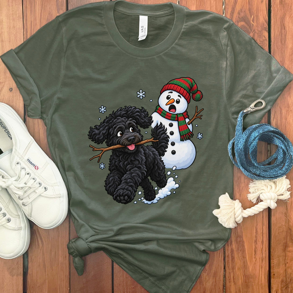 Black Goldendoodle Snowman T-Shirt in Military Green / S by Puppy Jo
