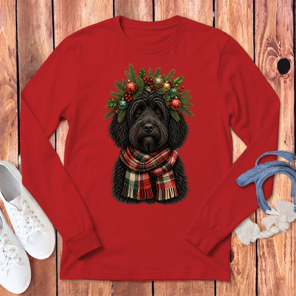 Black Goldendoodle Holiday Crown Long Sleeve T-Shirt in Red / S by MyDesigns