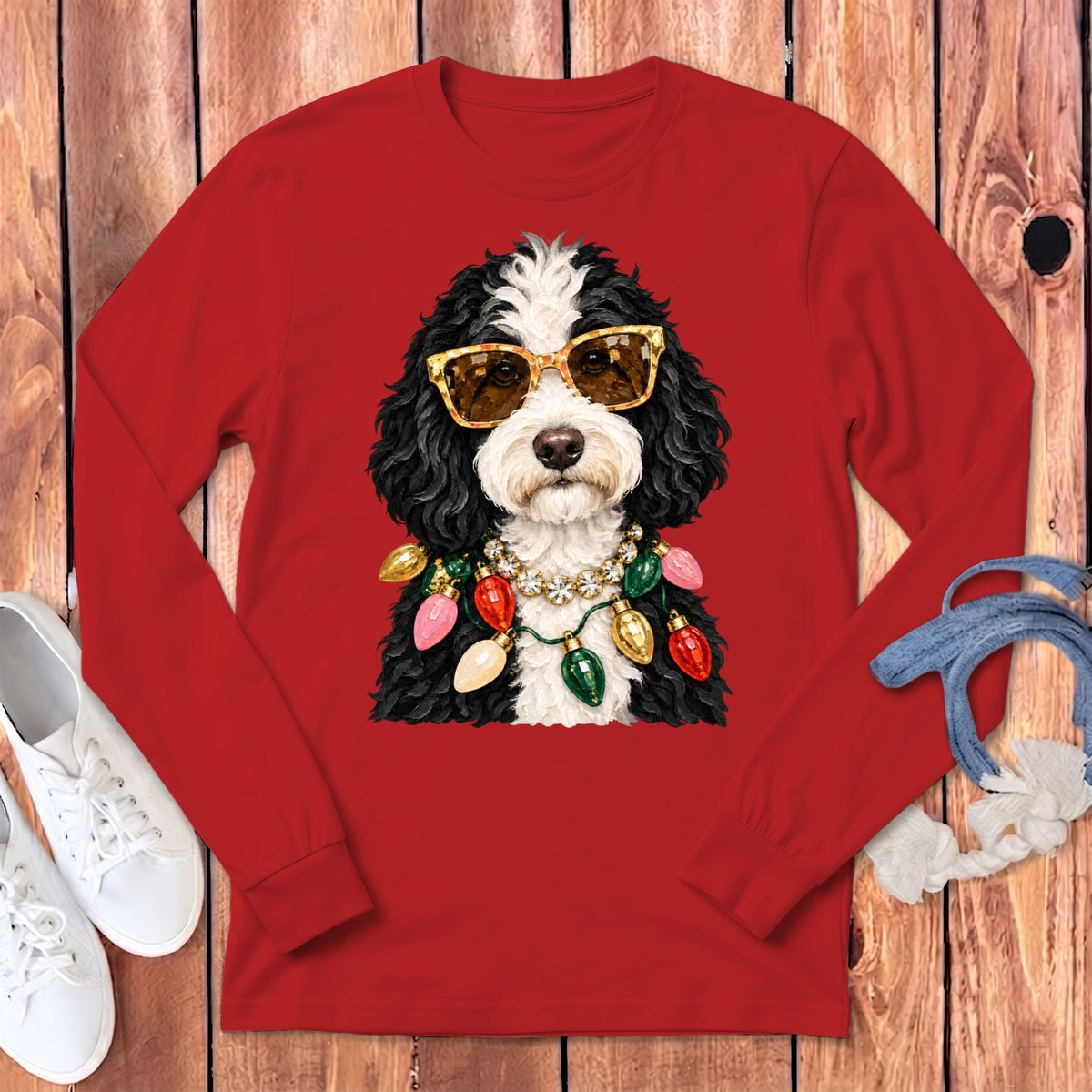 Sheepadoodle Christmas Glam Long Sleeve T-Shirt in Red / S by Puppy Jo